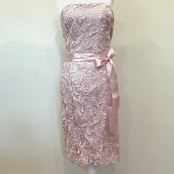 ~ NEW** Adrianna Papell 14 Cocktail Dress Blush Crochet Strapless Lace Mini Knee - Picture 12 of 14